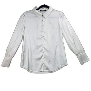 Allegra K Satin Puff Sleeve Work Button Down Blouse White Women's Size Small
